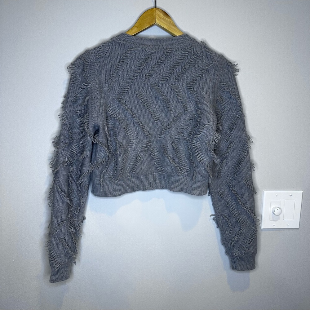 Milly Cropped Fringe Looped Gray Knit Sweater‎ Small - Picture 3 of 11